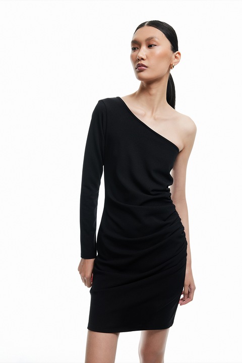 KOTON, Rochie mini cu decolteu pe un umar, Negru