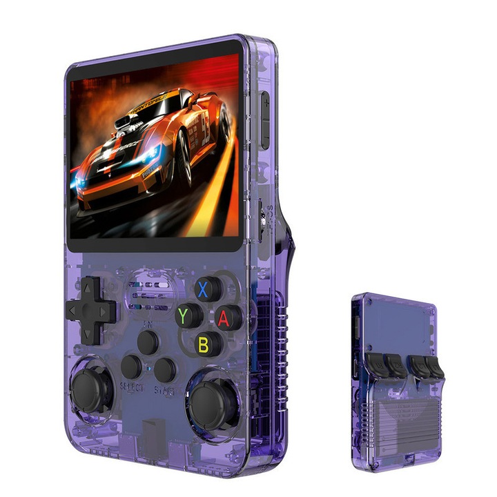 Преносима игрова конзола JESWO R36S, 3.5-инчов IPS екран, 640x480, 64GB, лилава, включва 1 геймпад