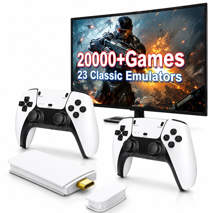 Consola jocuri tip stick, JESWO®, Consola de jocuri retro, Peste 20000 de jocuri incorporate, 2 controlere wireless 2.4G, Esire HDMI 4K, 16GB, Plug & Play, Pentru TV/Proiector/Monitor, Alb