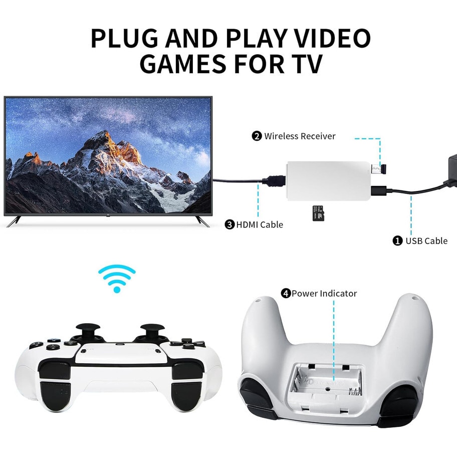 Consola retro portabila, JESWO, stick de gaming wireless, 16GB, iesire 4K HDMI, alb/negru, set cu 2 gamepad-uri