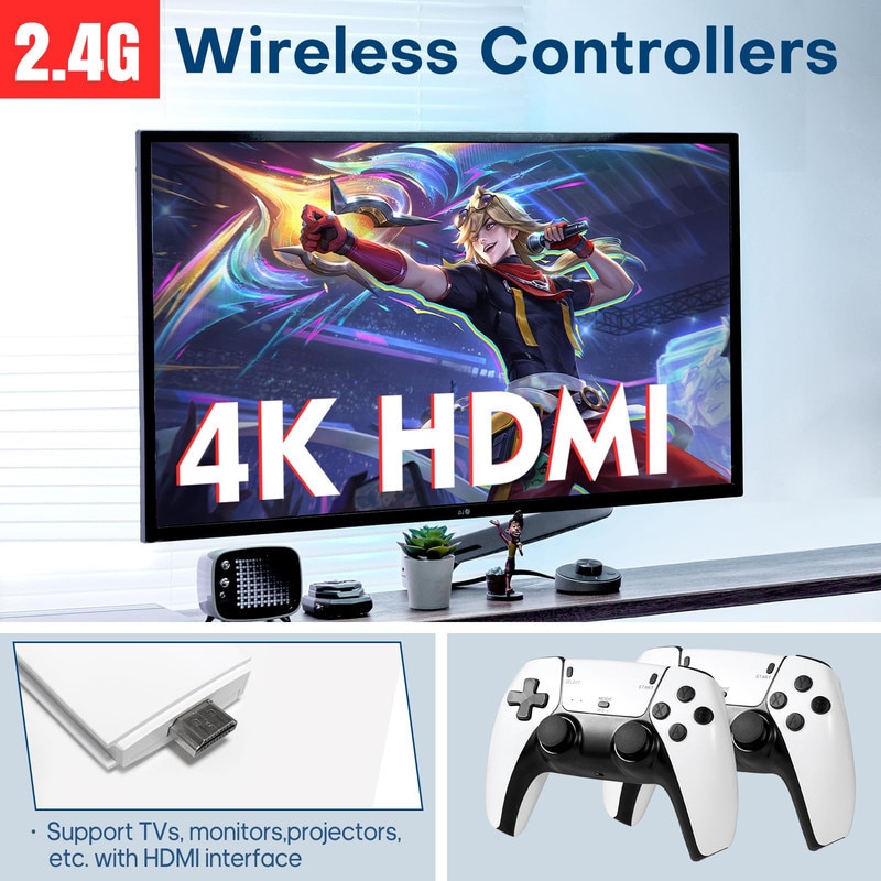 Consola retro portabila, JESWO, stick de gaming wireless, 16GB, iesire 4K HDMI, alb/negru, set cu 2 gamepad-uri