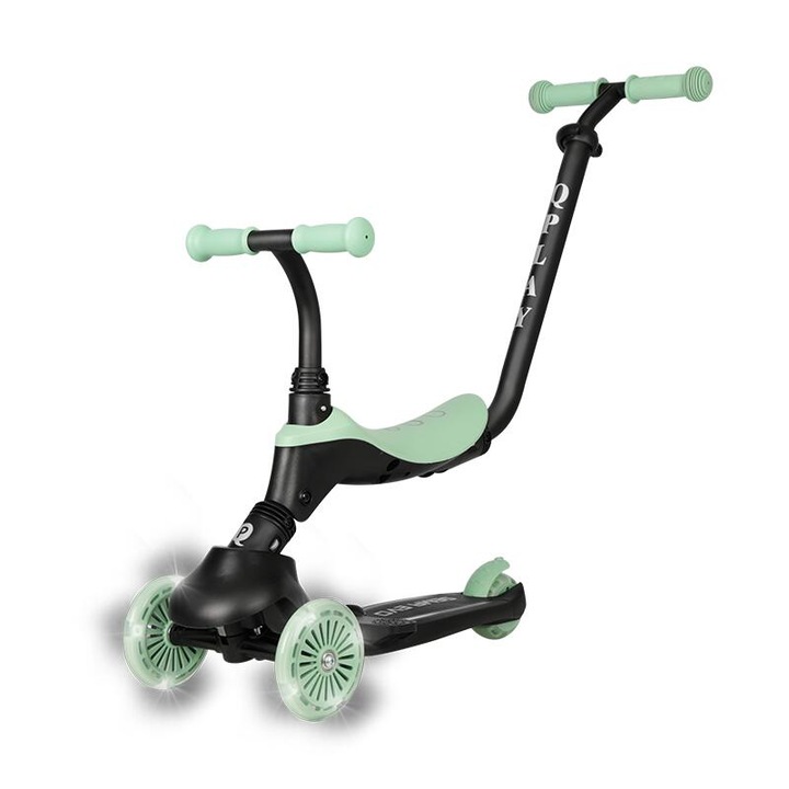 Trotineta pentru copii QPlay Sema EVO Verde 6 in 1 multifunctionala cu scaunel, maner telescopic parental, inaltime ajustabila, cadru din aluminiu, greutate admisa 50 kg