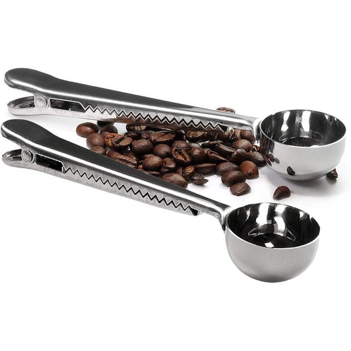 Többfunkciós mérőkanál tömítőkapoccsal, Enforose, ezüst, rozsdamentes acél, újrafelhasználható, hosszú nyéllel