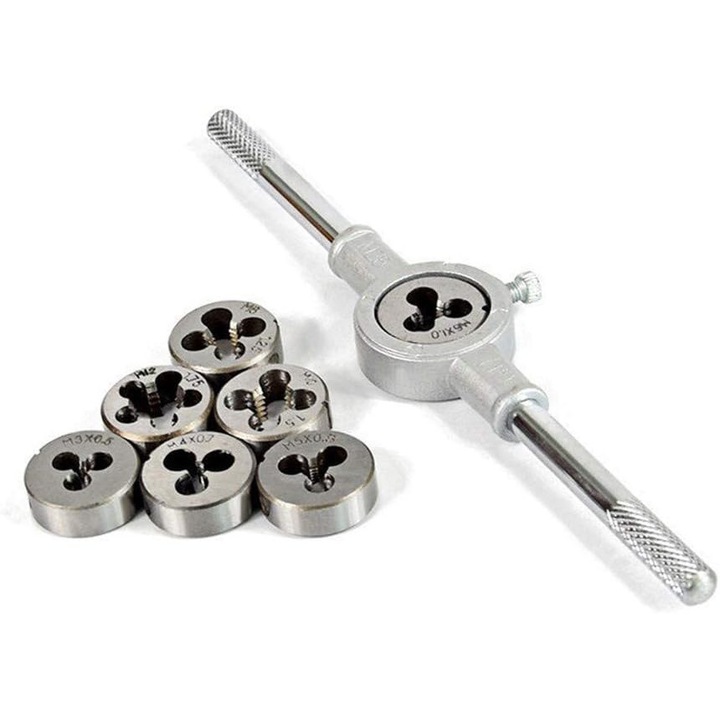 Set de matrite metrice Enforose, maner moletat antiderapant, cheie ajustabila, otel aliat, pentru prelucrarea filetului extern