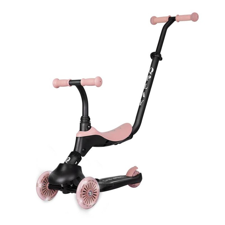Trotineta multifunctionala qPlay Sema Evo Roz, cu maner si scaun detasabile, lumini LED in rotile frontale si pe platforma, fara baterii, 1-5 ani, pana la 50 kg