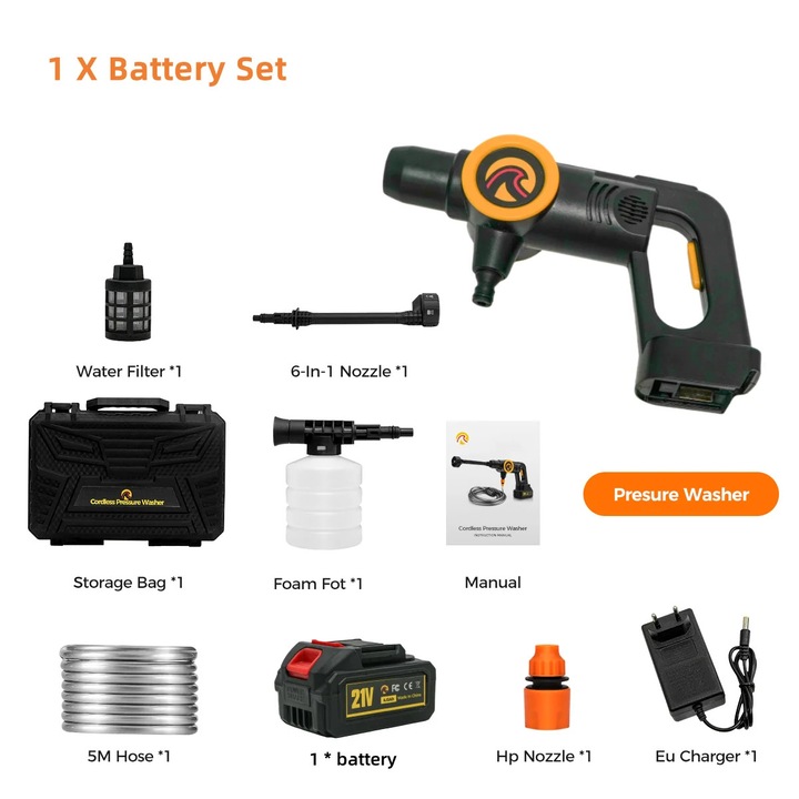 Aparat de spalat cu presiune portabil, pistol de spalare 21V fara perii, 3000W, 200 bar, duza 6-in-1, 3 trepte, furtun 5 m, acumulator 1x 4, 0Ah, Auriu