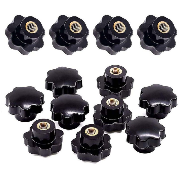 Maner din plastic negru pentru mobila, diametrul filetului mama asigura compatibilitatea cu diverse suruburi, maner confortabil de prindere cu buton stea pentru dulapuri si aparate (15 buc)