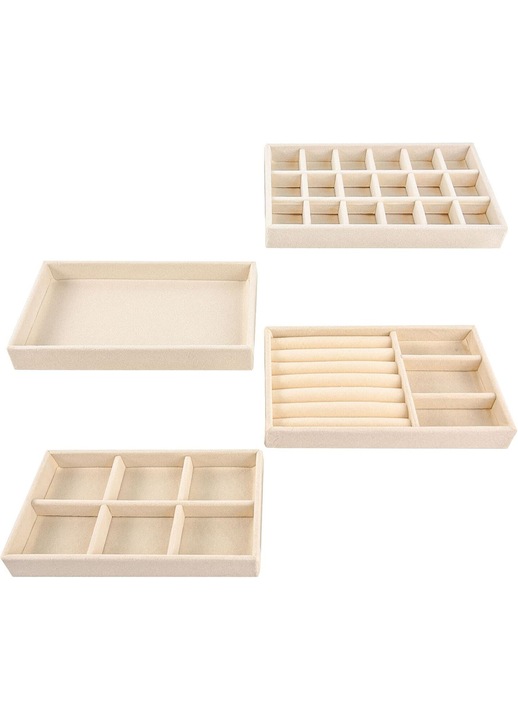 Cutie bijuterii, AMRINUGL, 4 piese, design modern, interior din placaj compozit, exterior din catifea premium, bej