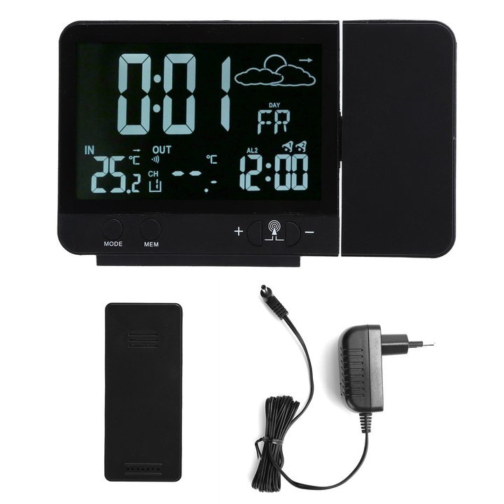 Ceas desteptator HERUSI proiectie 8 culori negru multifunctional