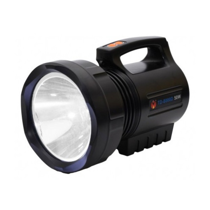 Lanterna LED VTM 50W TD-8000D cu Raza de Iluminare 2000m – Accumulator 12000mAh, Dimensiuni 30x19x12cm, Culoare Neagra, Ideala pentru Camping si Urgente