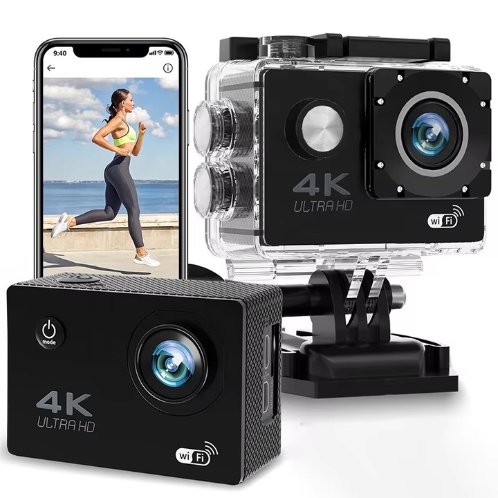 Camera video Action Camera 4K, Ultra HD, Rezistenta la apa 30 m, WiFi, Control de la distanta, App GoTrack, accesorii montaj incluse