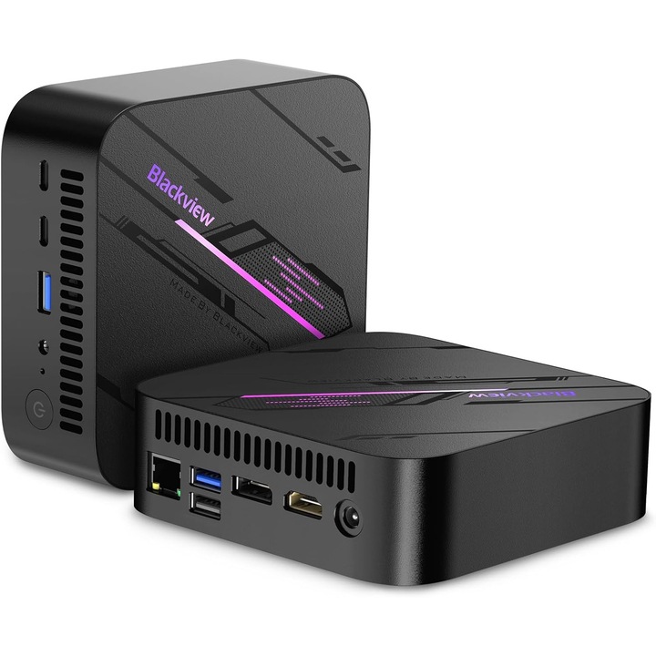 Мини компютър Blackview MP100, AMD Ryzen7 5825U (8 ядра, 16 нишки, до 4.5 GHz), 16 GB RAM, 512 GB SSD, за игри, троен дисплей 4K/Wi-Fi 6/USB 3.2/RGB осветление/Bluetooth 5.2/Type-C порт