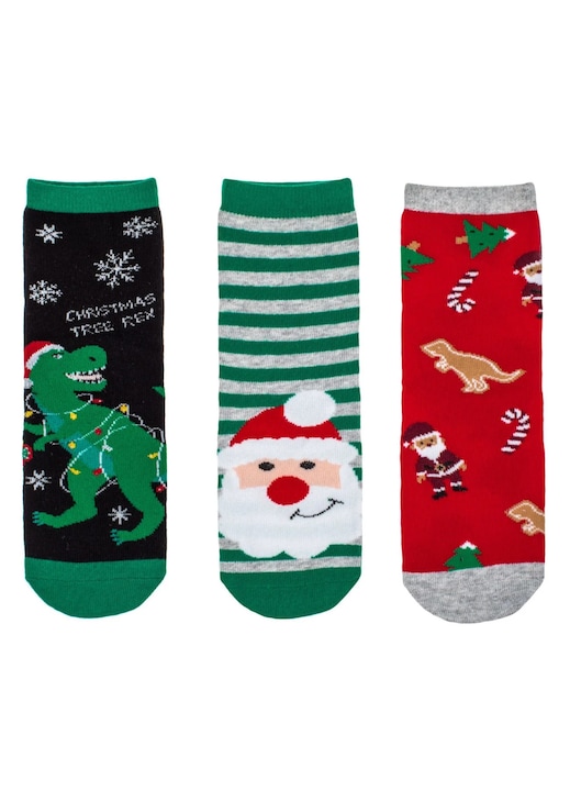 Sosete de Craciun Negre Rosii Verzi Dinozaur Mos Craciun - 3 perechi