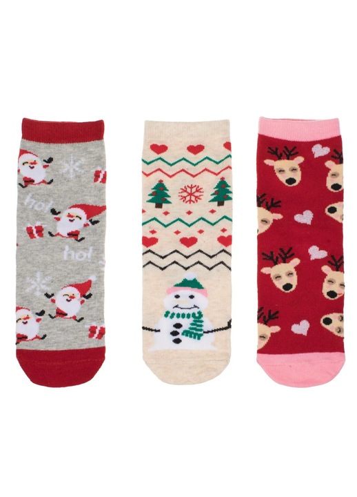 Sosete de Craciun Bej Gri Rosii Om de Zapada Mos Craciun Cerb pentru Copii - 3 Perechi
