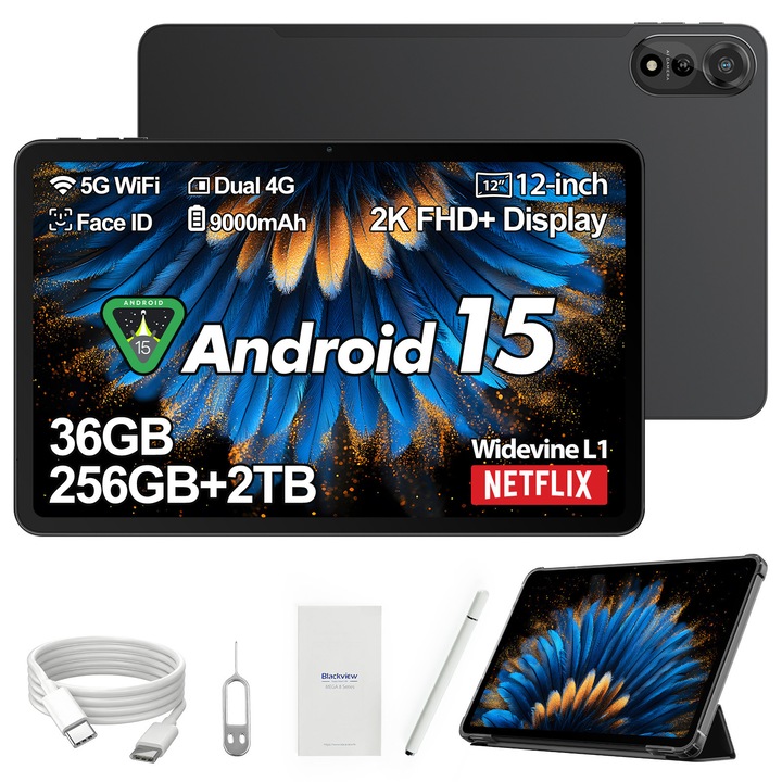 Tableta Blackview MEGA 2, Android 15, 36 GB RAM+256 GB ROM, 12 inchi 2K FHD+, 9000 mAh, Stylus, Face ID, Dual SIM Standby, Gri