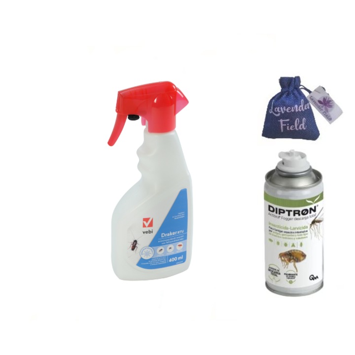 Set insecticide Draker RTU 400 ml si Diptron 150 ml, pentru gandaci, furnici, tantari, muste si sac lavanda 10 gr