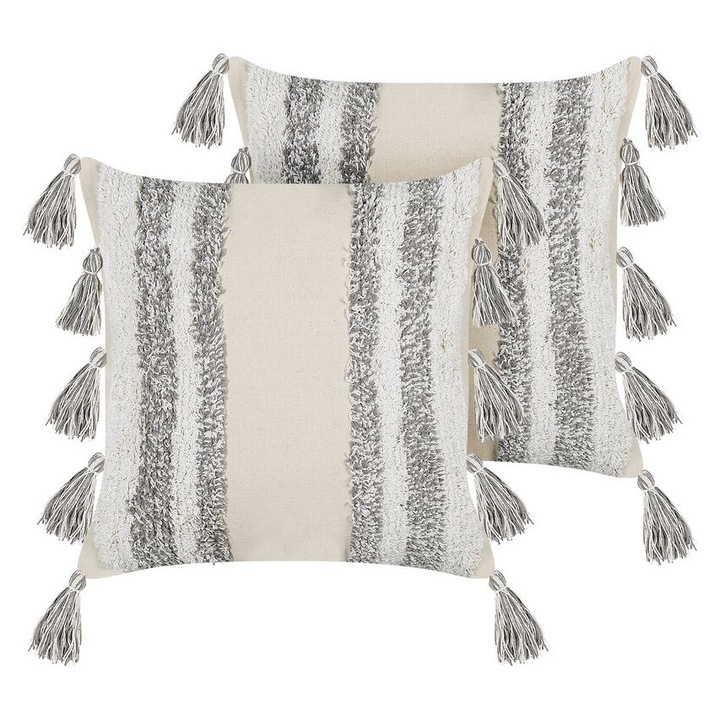 Set de 2 perne din bumbac brodat gri si bej 45 x 45 cm Heliconia