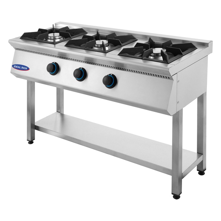 Aragaz profesional cu 3 focuri Ideal Inox pe suport cu polita Gaz Natural