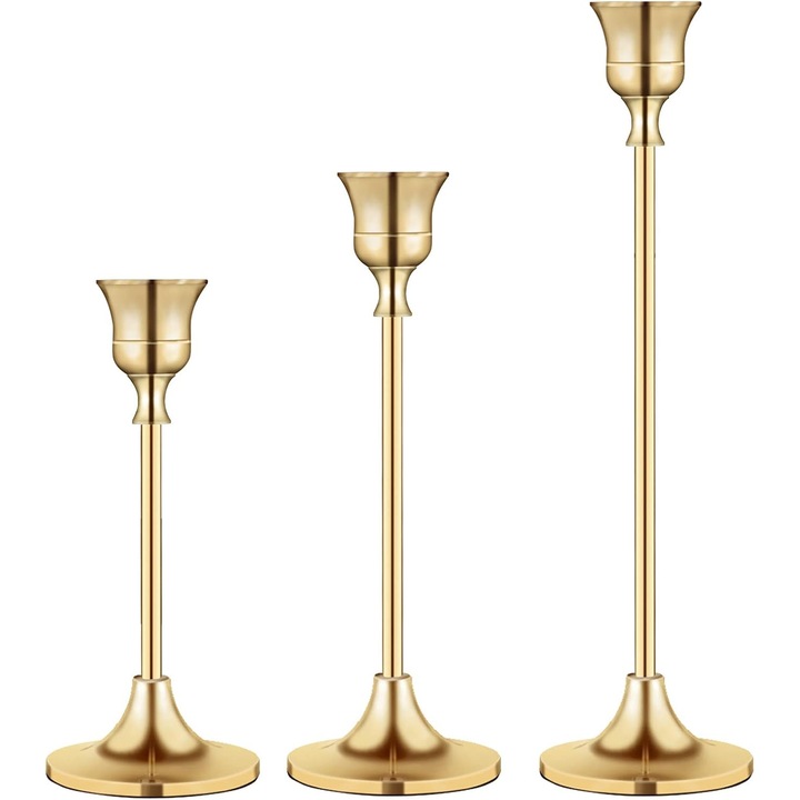 Комплект от 3 златни свещника, Enforose, Елегантен дизайн, Висока стабилност