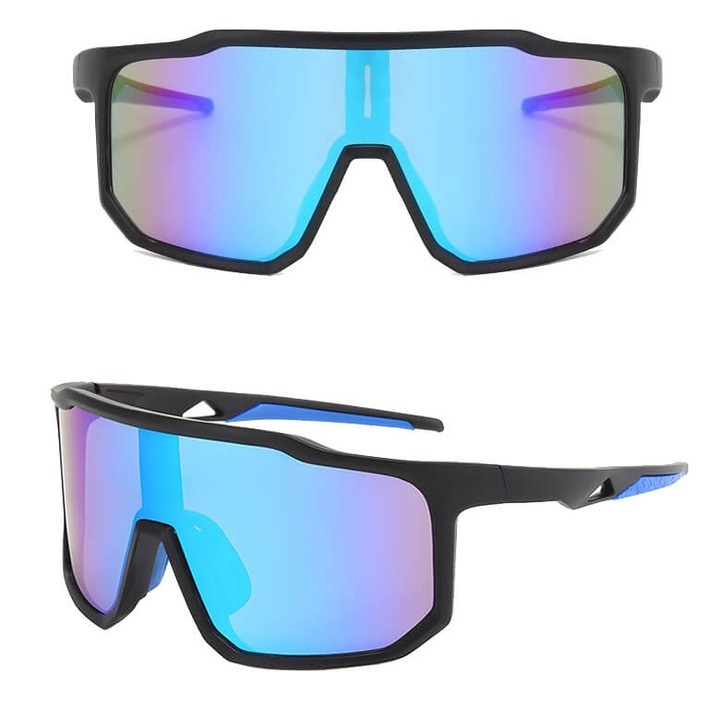 Ochelari sportivi de soare STS-02A, negru mat, lentile albastre lustrui, set cu etui si stergator