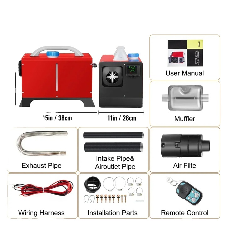 Dízel ventilátoros fűtőberendezés 8kW, LCD vezérlés, távirányítóval működtethető, 38x28x32cm