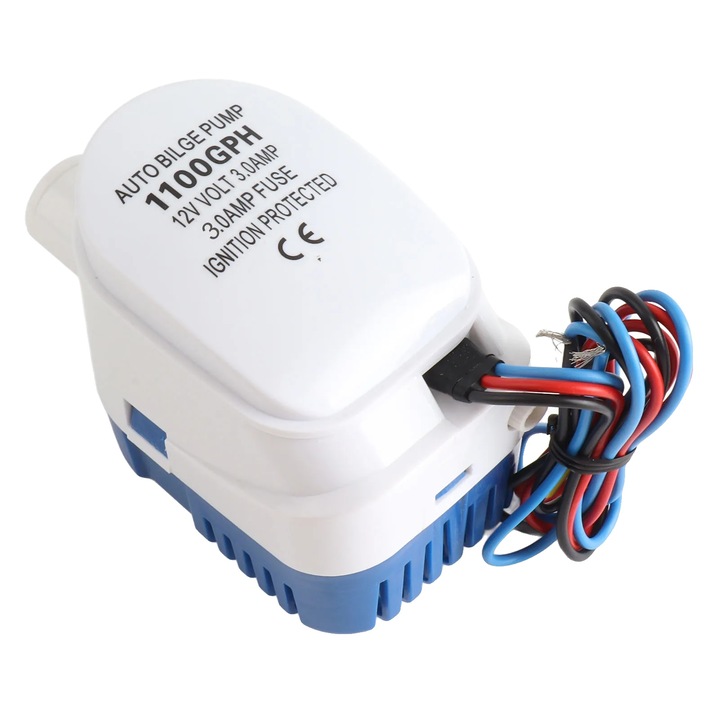 Pompa submersibila pentru apa, 12V, 1100 GPH, alb-albastru, dimensiuni compacte