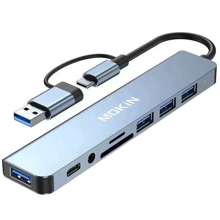 USB хъб 8 в 2, Mokin, 8 порта, дизайн от алуминиева сплав, сив, 137x28x10 мм