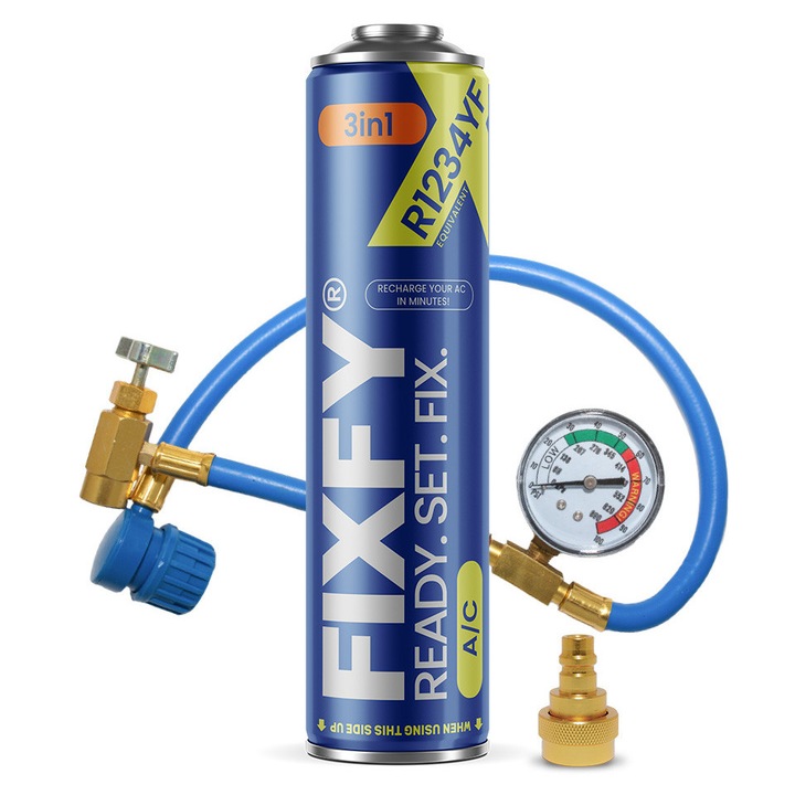 Légkondicionáló hűtőközeg csere R1234yf, Fixfy, 3 az 1-ben, doboz, töltőtömlővel és adapterrel, 290g