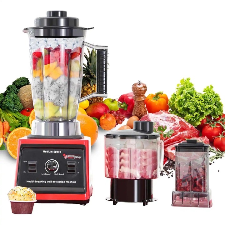 Professzionális Turmixgép és Smoothie Készítő, Konyhai Robotgép, 9500W, 3 Tartály, Jégzúzó, Diófélékhez és Gyümölcsökhöz, Fehér