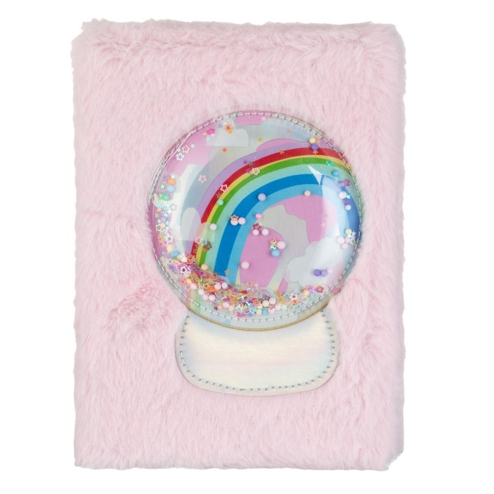 Carnetel Notite A5 80 File Dictando Coperta Dura Fancy cu Blana Roz si Glob 3D Rainbow cu Confetti