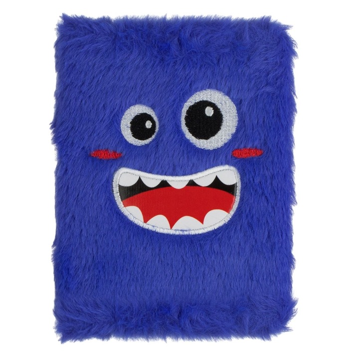 Carnetel Notite A6 80 File Dictando Coperta Dura Fancy cu Blana Albastra si Model Monstru cu Ochi Brodati