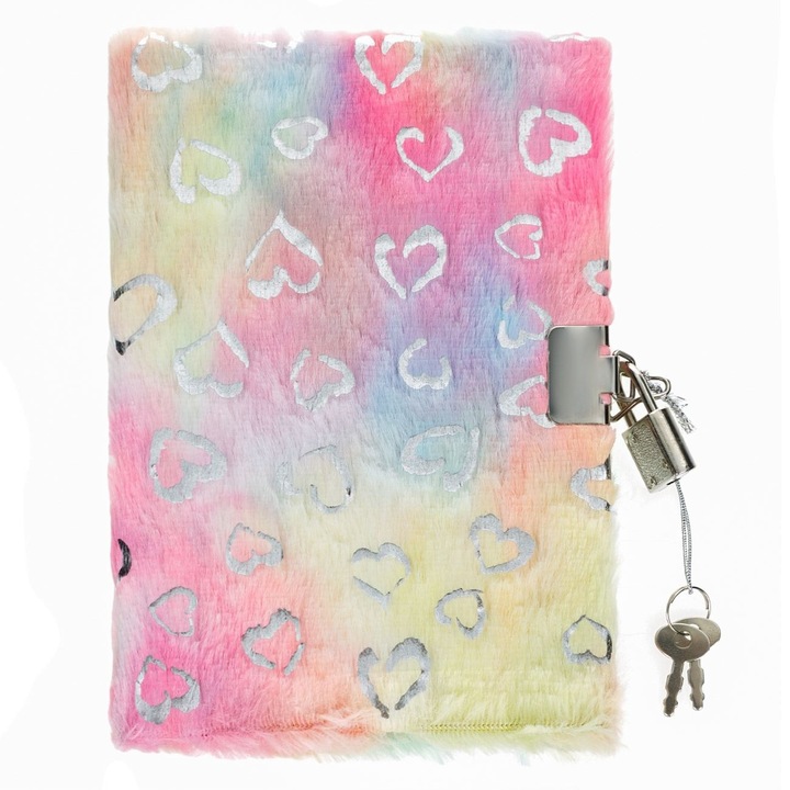 Carnetel Notite A6 80 File Dictando Coperta Dura Fancy cu Blana Colorata Lacat si Inimi Folie Argintie