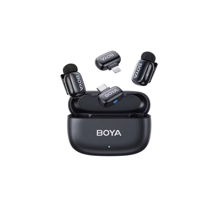 Set 2 microfoane wireless, BOYA, Mini iPhone Lightning & Type-C, 2,4GHz, cutie de incarcare