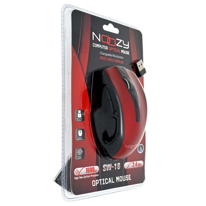 Mouse, wireless, Noozy, SW-16, 6 butoane, 1600DPI, negru/rosu