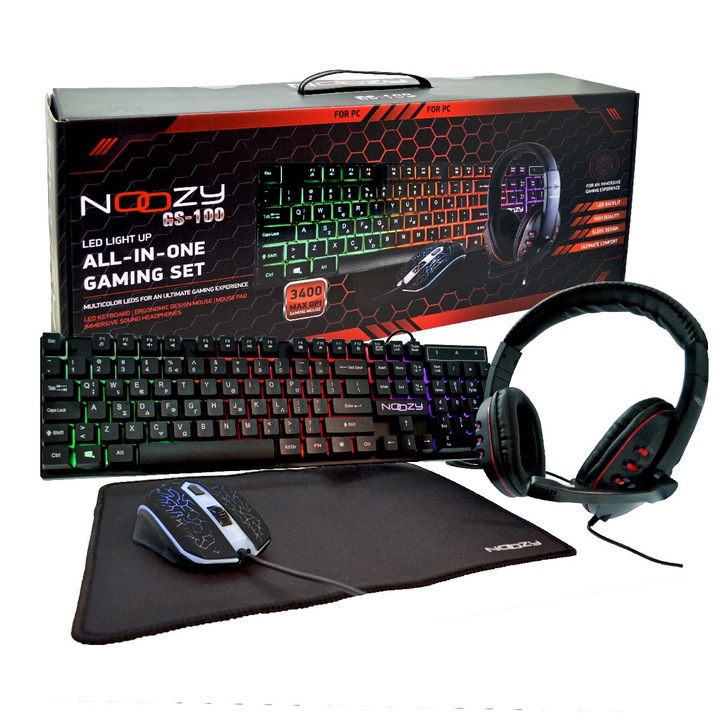 Set pentru gaming, Noozy GS-100, include casti pentru gaming cu microfon, mouse 4D, tastatura LED si mousepad