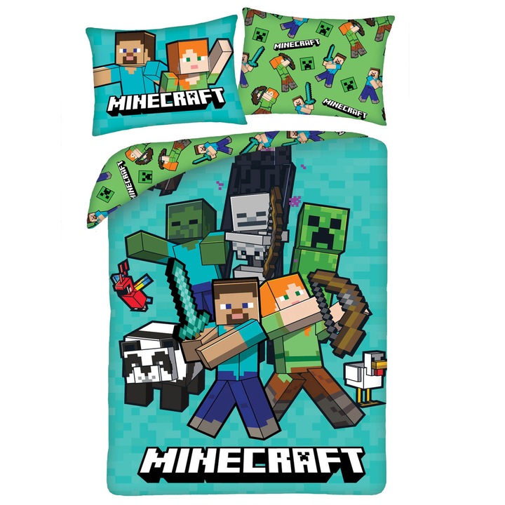Halantex ágynemű 140x200cm + 70x90cm Minecraft, 2 részes, türkiz
