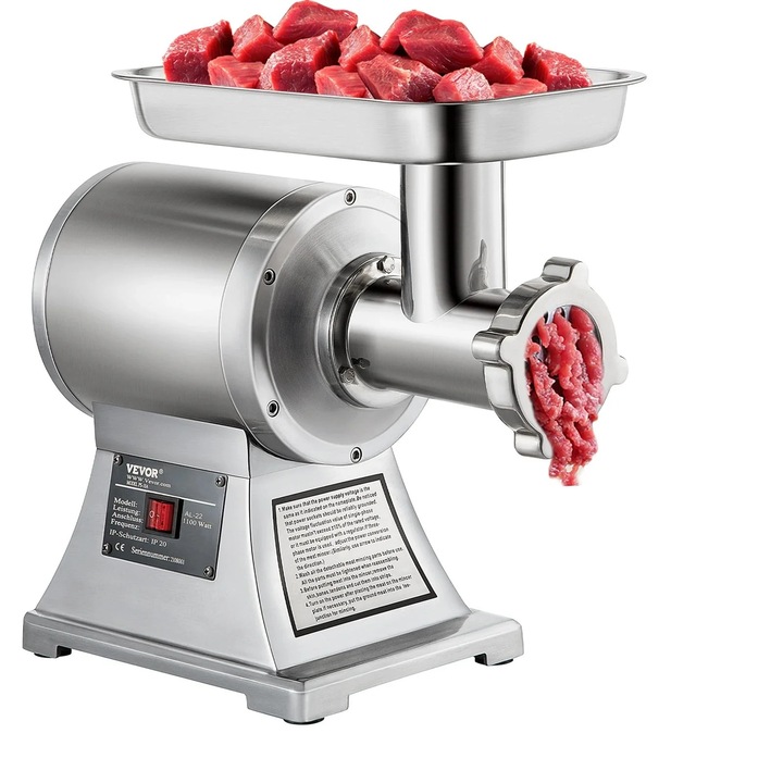 Месомелачка, Vevor, неръждаема стомана, 1100W, 150 кг/час, 448x210x387 мм, включени аксесоари
