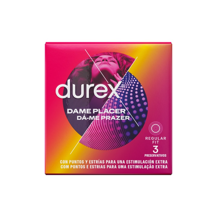 Prezervative Durex, 3 unitati, latex natural, cu puncte si striatii, transparent, lubrifiat, 56mm