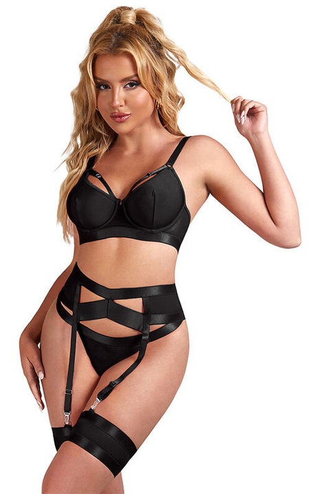 Set lenjerie sexy neagra cu bretele si jartiera, L/XL