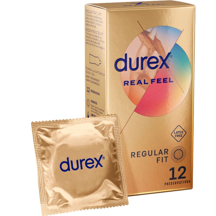 Prezervative Durex RealFeel, 12 unitati, latex-free, latime nominala 56mm, transparent, lubrifiat