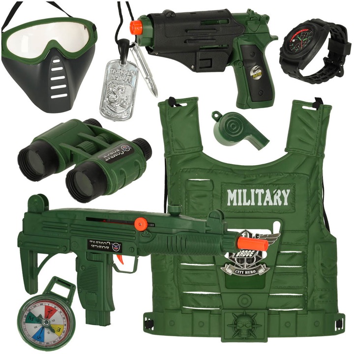 Set militar cu vesta, carabina, binoclu, culori: verde inchis, negru, argintiu, portocaliu, 10 piese, pentru varsta 3+
