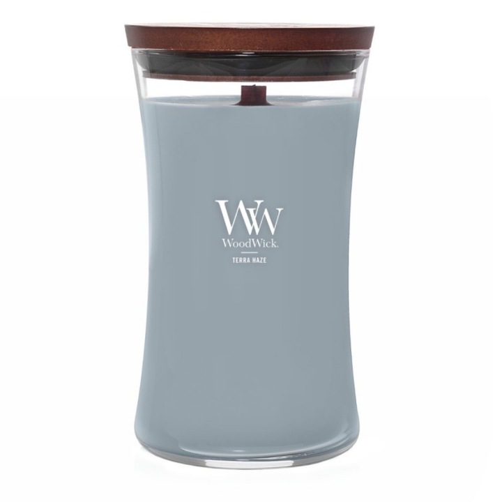 Голяма свещ WoodWick Terra Haze, аромат на кедър и мъх, 30x10 см