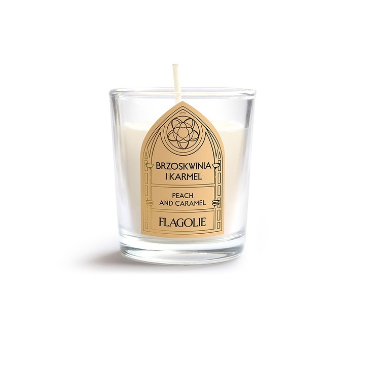 Ароматна свещ, изработена от соев восък Флаголие, Бжосквиния и Кармел, 100% натурален, матово бял контейнер, с дървен капак