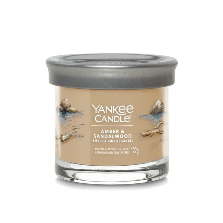 Ароматна свещ Yankee Candle, чаша Maly tumbler, аромат на кехлибар и сандалово дърво, 10x10 см