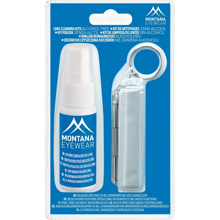 Set de curatare lentile si ochelari Montana, spray 20ml, carpa 18x15cm, surubelnita
