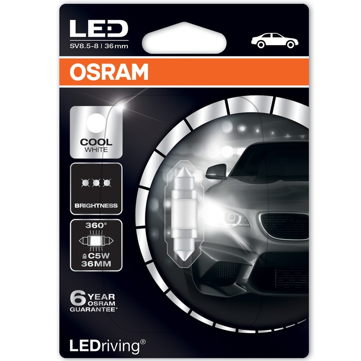 LED Крушка Osram C5W, 36мм, 6000K, 12V, 1W, Студено бяла