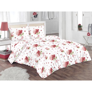 Set lenjerie de pat (cearsaf + husa pilota + 2 huse perne) pentru pat de dimensiuni 160x200 cm, 132TC, 100% bumbac, imprimeu floral, rosu/alb Set lenjerie de pat (cearsaf + husa pilota + 2 huse perne) pentru pat de dimensiuni 160x200 cm, 132TC, 100% bumbac, imprimeu floral, rosu/alb