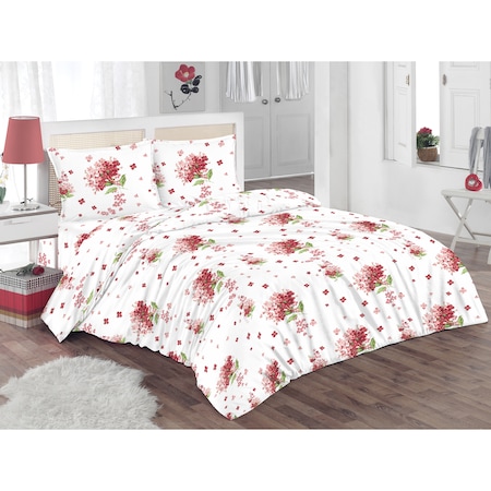 Lenjerie de pat pentru 2 persoane Kring Pastel, 100% bumbac, imprimeu floral, 132 TC, Rosu/Alb
