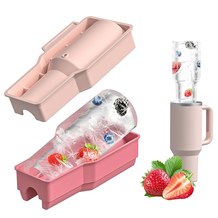 Forma pentru cuburi de gheata pentru cana Stanley, Axroad Mall, Tava pentru cuburi de gheata din silicon flexibil cu capace, Racire Eficienta, Topire Lenta, Usor de Desprins, Reutilizabila, 20.2*10.7*6.1cm, Roz