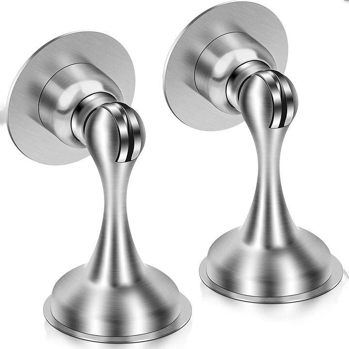 Set 2 opritoare magnetice pentru usa, Pentru montare pe perete si pe podea, Din otel inoxidabil, Pentru diverse tipuri de usi, instalare cu banda adeziva 3M, Fara gaurire, Suruburi pentru montare mai puternica, Argintiu